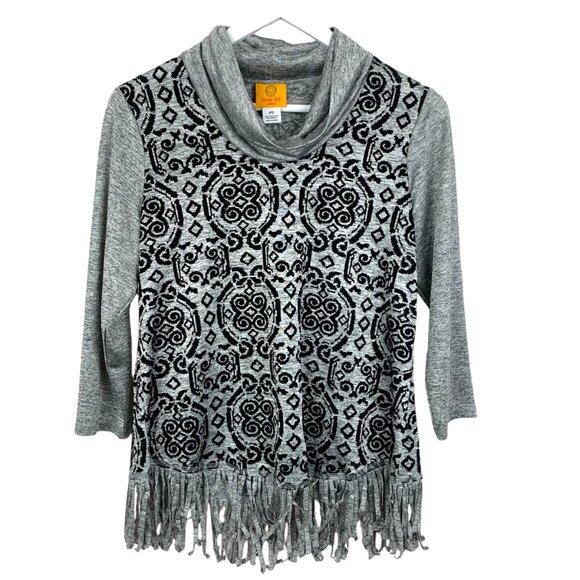 Ruby Rd. Tops - Ruby Rd Shirt Womens Small Petite Gray Black Cowl Neck Fringe Flocked Mosaic